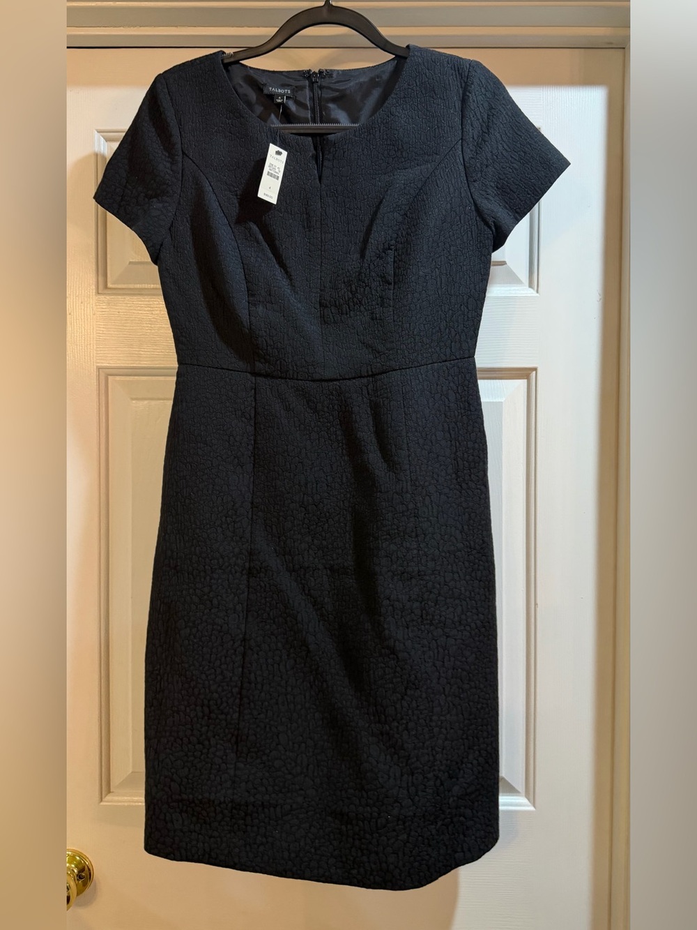 Talbots Black Textured Short-Sleeve Midi Sheath Dress NWT